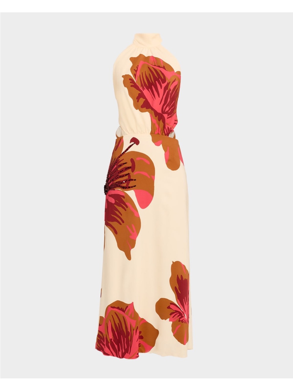 Johanna Ortiz Cream Halter Midi Dress with Pink and Brown Floral Print